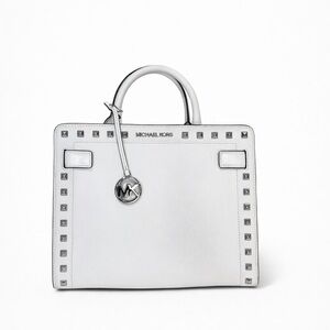 Michael Kors Studded White Leather Satchel – Silver Hardware